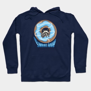 Sweet Love Cute raccoon and Yummy donut Blue Hoodie